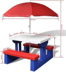 LEBULA Zahradní piknikový stůl pro děti s deštníkem a modro-červené lavičky