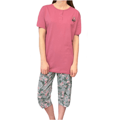LA PENNA Dámské bavlněné pyžamo 3/4 kalhoty květina tmavě růžová 4XL