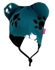 Bexa Dvouvrstvá čepice na zavazování s oušky + šátek - Tlapky, petrolejová, vel. 56/62