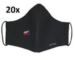 KATCH  20x Dámská / dětská ručně šitá rouška s vlajkou ČR - černá, dvouvrstvá bavlněná