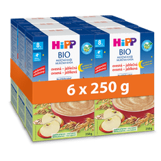 HiPP BIO Mléčná kaše na dobrou noc ovesná-jablečná od 8.měsíce, 6 x 250g