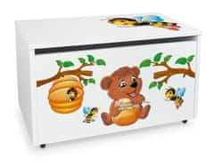Leomark Velký dřevěný box na hračky na kolečkách se sedátkem - medvídek a včely 243Y