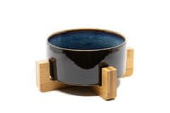 limaya Limaya keramická miska pro psy a kočky černo modrá žíhaná lesklá s dřevěným podstavcem 13 cm.