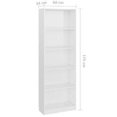 Greatstore Knihovna s 5 policemi bílá vysoký lesk 60x24x175 cm dřevotříska