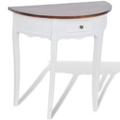Greatstore Bílý půlkruhový konzolový stolek se zásuvkou a hnědou deskou