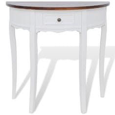 Greatstore Bílý půlkruhový konzolový stolek se zásuvkou a hnědou deskou