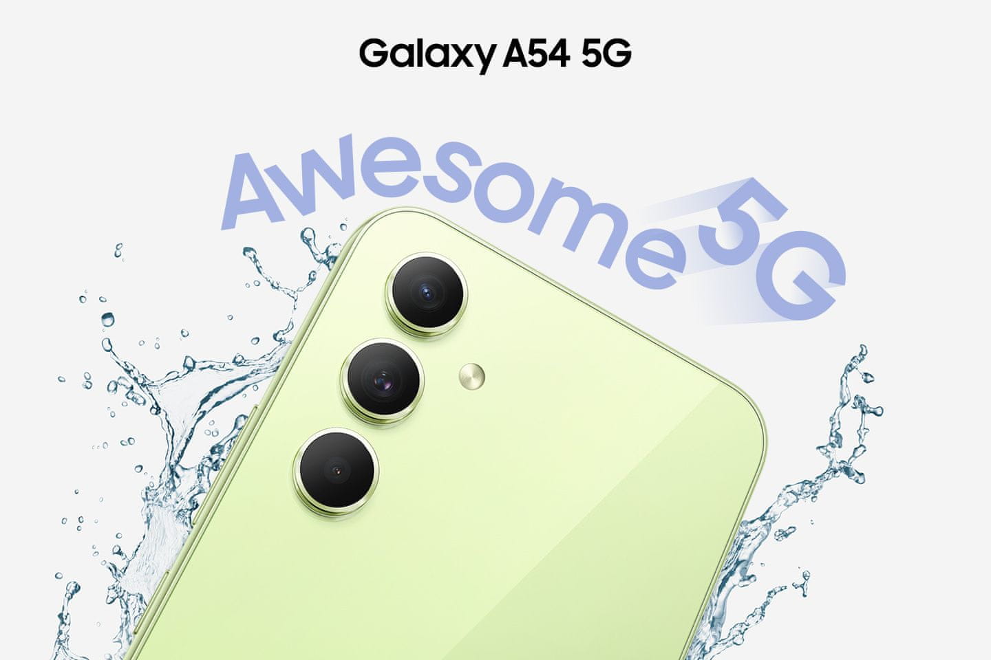 Samsung Galaxy A54 5G, chytrý telefon, vlajková loď 6,5palcový displej AMOLED obnovovací frekvence stabilizace obrazu čtyři fotoaparáty nejrychlejší 5G připojení 5G internet podpora nejrychlejšího připojení Gorilla Glass IP67 NFC