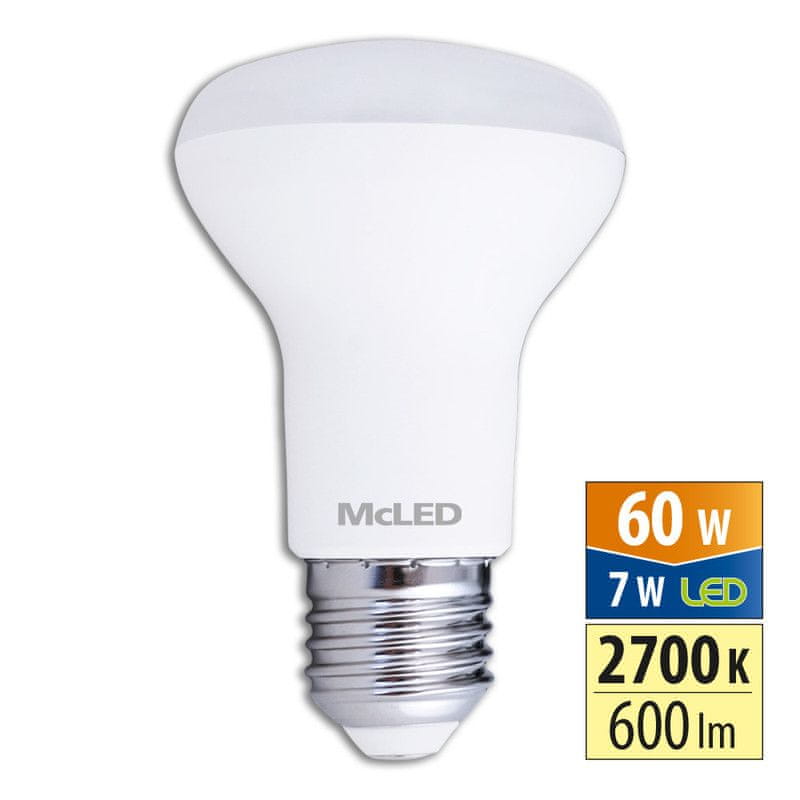 McLED LED žárovka R63 7W, 2700K, E27, CRI80, vyz. úhel 120°, ф use 360°  600lm