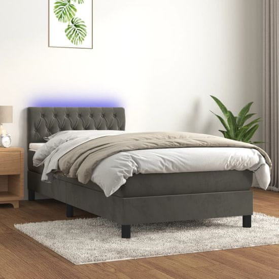 Vidaxl Box spring postel s matrací a LED tmavě šedá 90x200 cm samet