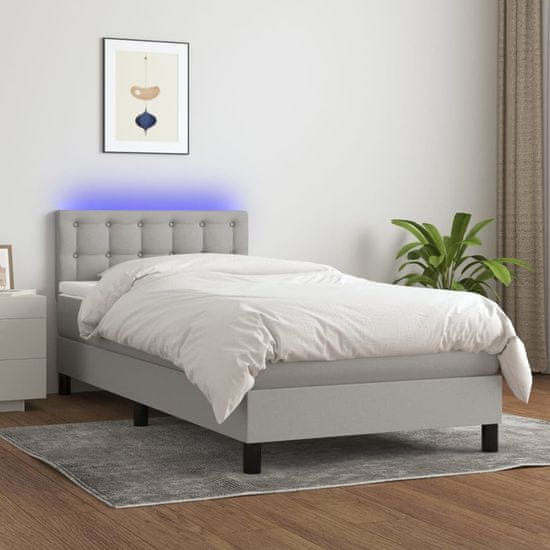 Greatstore Box spring postel s matrací a LED světle šedá 90x190 cm textil