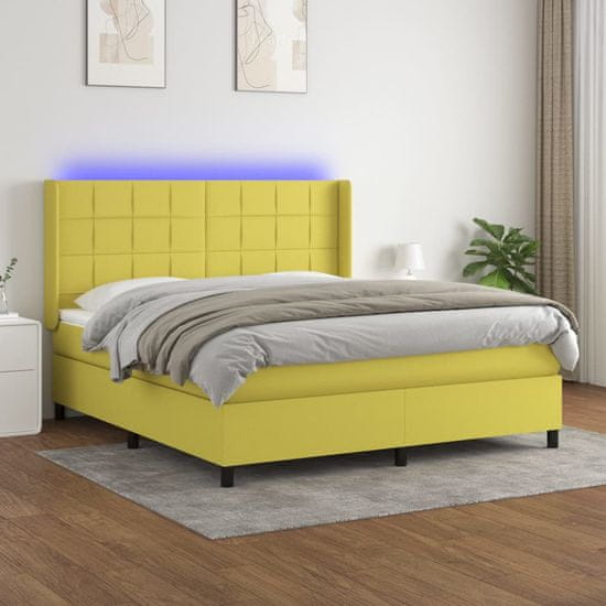 Greatstore Box spring postel s matrací a LED zelená 160x200 cm textil