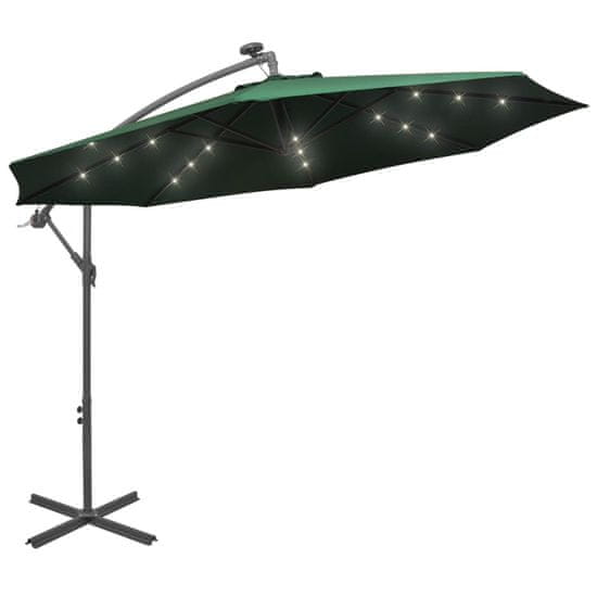 Greatstore Závěsný slunečník s kovovou tyčí a LED světlem, zelený, 300 cm