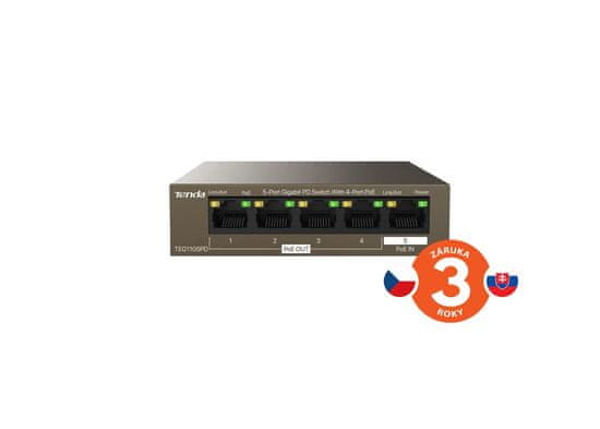 Tenda TEG1105PD PoE PD Gigabit switch, 1x PoE IN, 4x PoE OUT 802.3af, 5x 1 Gb/s, max. 30W, fanless