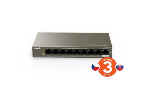 Tenda TEF1109P-8-63W PoE AT switch 8x PoE 802.3af/at, 9x 100Mb/s, PoE+ celkem 58W, fanless