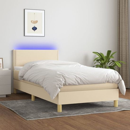 Greatstore Box spring postel s matrací a LED krémová 90x200 cm textil