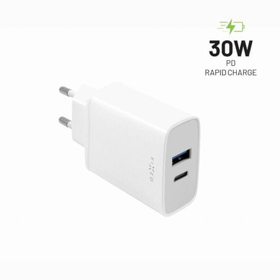 FIXED Síťová nabíječka FIXED s USB-C a USB výstupem, podpora PD, 30W, bílá