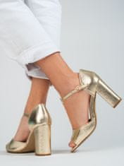Amiatex Trendy zlaté dámské sandály na širokém podpatku + Ponožky Gatta Calzino Strech, odstíny žluté a zlaté, 39