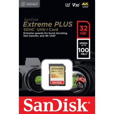 SanDisk Extreme PLUS 32GB SDHC Memory Card 100MB/s and 60MB/s, UHS-I, Class 10, U3, V30