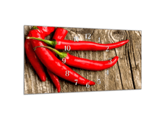 Glasdekor Nástěnné hodiny 30x60cm chilli papriky na dřevě - Materiál: kalené sklo