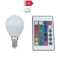 Diolamp  SMD LED žárovka Ball P45 4W/230V/E14/RGB+3000K/300Lm/120°/Dim/dálkový ovladač