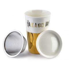 Affekdesign Porcelánový hrnek s víčkem a sítkem GOLD CHICK 410 ml zlatý