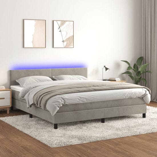 Vidaxl Box spring postel s matrací a LED světle šedá 180x200 cm samet