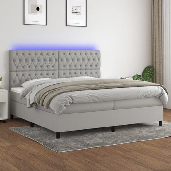 Greatstore Box spring postel s matrací a LED světle šedá 200x200 cm textil