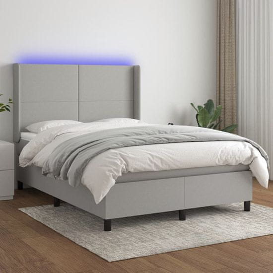 Greatstore Box spring postel s matrací a LED světle šedá 140x190 cm textil