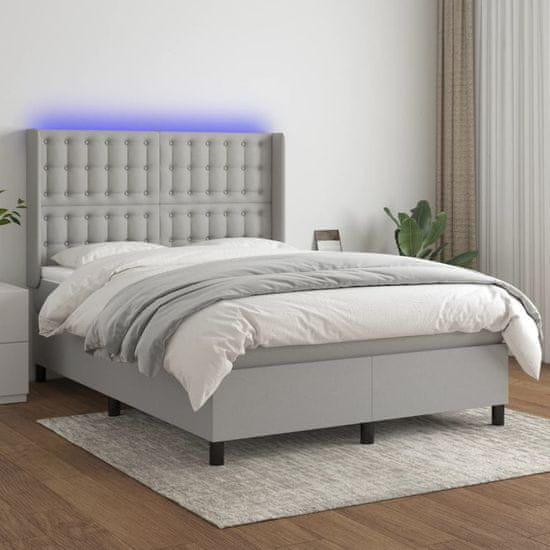 Greatstore Box spring postel s matrací a LED světle šedá 140x200 cm textil