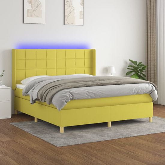 Greatstore Box spring postel s matrací a LED zelená 180x200 cm textil