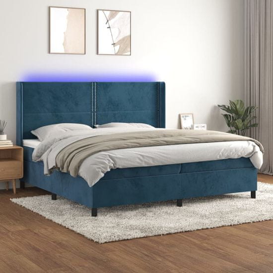 Greatstore Box spring postel s matrací a LED tmavě modrá 200x200 cm samet