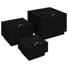 Greatstore Úložné boxy s víkem 3 ks černé masivní borové dřevo
