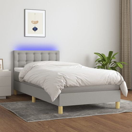 Vidaxl Box spring postel s matrací a LED světle šedá 90x190 cm textil