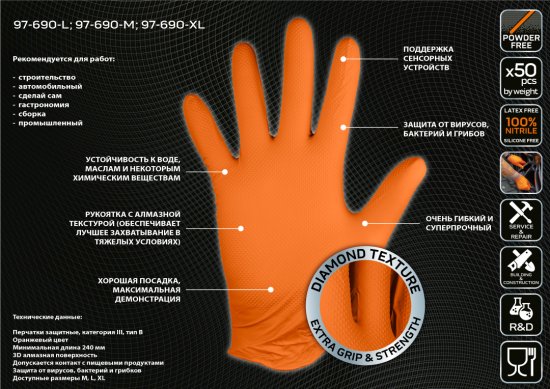 NEO Tools NEO TOOLS Oranžové nitrilové rukavice, balení po 50 ks
