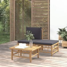 Vidaxl 3dílná zahradní sedací souprava s tmavě šedými poduškami bambus