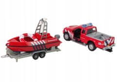 Lean-toys Terénní auto Sea Guard s červeným motorovým člunem Dź
