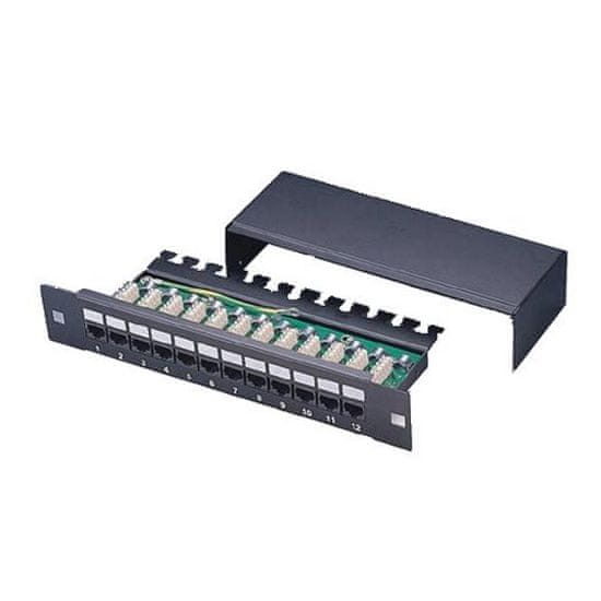 XtendLan Patch panel 10", 12 portů, 1U, Cat5e, STP, LSA, s krytem, vodorovné umístění konektorů, zemnič, černý