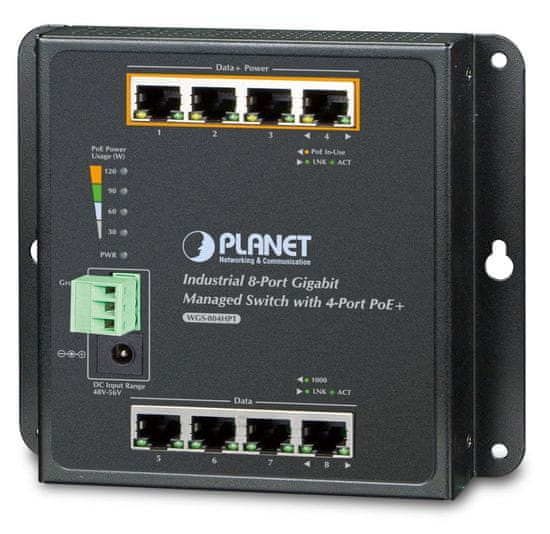 Planet WGS-804HPT plochý L2 switch, 8x1Gb, 4x PoE 802.3at 144W, 48-54VDC, -40~75°C, IP30, fanless