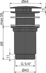 Alca Plast ALCA A396BLACK Výpust umyvadlová 5/4" celokovová, velká zátka, černá-mat - Alcadrain