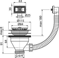 Alca Plast ALCA A38 "Výpust dřezová 6/4"" s nerezovou mřížkou DN115 a flexi přepadem" - Alcadrain