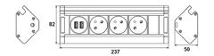 Solight prodlužovací přívod, 3 zásuvky + 2X USB, 1,5m, 3 x 1mm2, hliník, rohový design