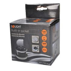 Solight USB vestavná zásuvka s víčkem, 1 zásuvka, plast, délka 1,5m, 3x 1mm2, USB 2100mA, stříbrná