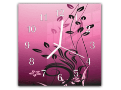 Glasdekor Nástěnné hodiny 30x30cm černé malované listí na růžovém podkladu - Materiál: kalené sklo