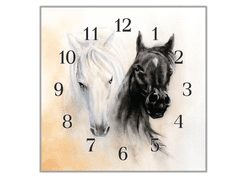Glasdekor Nástěnné hodiny 30x30cm bílá a černá hlava koně malované - Materiál: kalené sklo