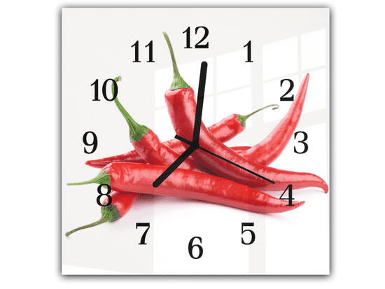 Glasdekor Nástěnné hodiny 30x30cm červené chilli papričky na bílém podkladu