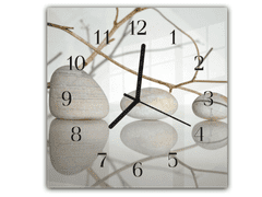 Glasdekor Nástěnné hodiny 30x30cm bílé kameny a odraz na hladině - Materiál: kalené sklo
