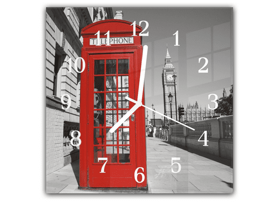 Glasdekor Nástěnné hodiny 30x30cm telefonní budka v Londýně a věž Big Ben