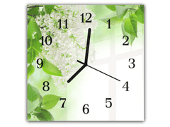 Glasdekor Nástěnné hodiny 30x30cm bílý šeřík a zelené listí na bílém pozadí - Materiál: plexi