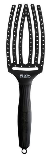 Olivia Garden Fingerbrush Ionic Medium Black zakřivený plochý kartáč na vlasy černý