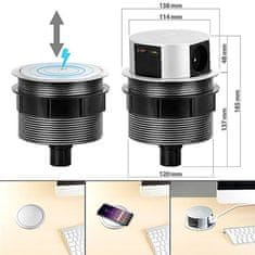 Solight  Výsuvný blok zásuvek, 3 zásuvky, USB A+C, 10W bezdrátová nabíječka, 1,5m, 3 x 1mm2